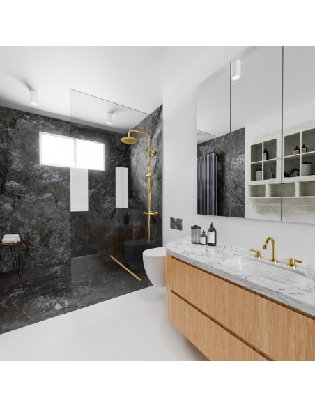 Example of a modern bathroom with dark shower area and instaled linear drain INTENSI 316 in Brass