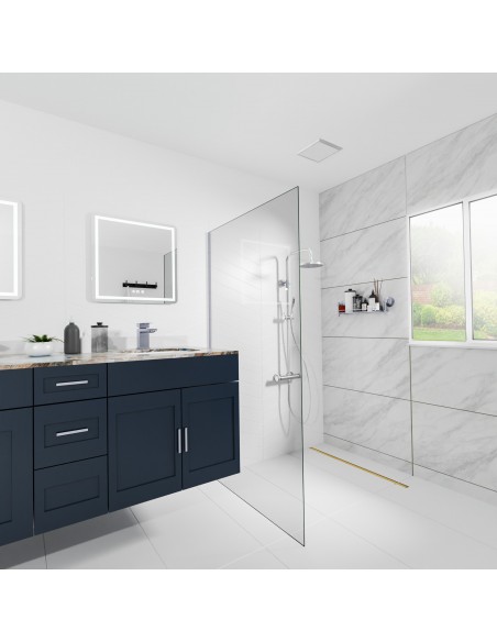 Example of a modern timeless bathroom concept with open shower area and built-in linear drain INTENSI 316 in Brass