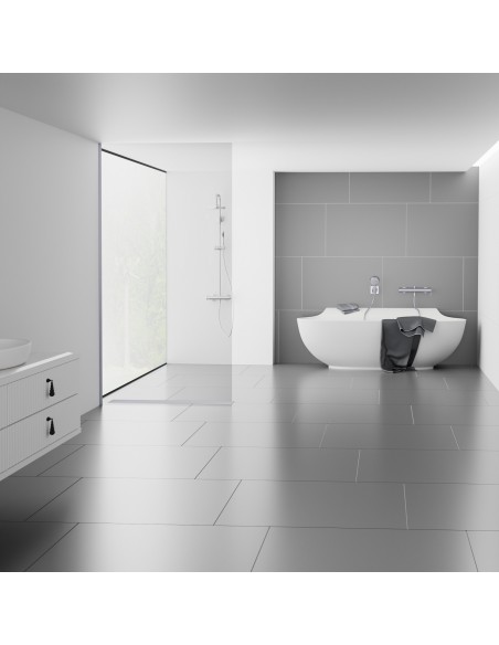 Example of timeless bathroom concept in gray and white with an open walk-in shower area and modern glass elements