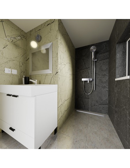 Example of bathroom concept in rustic look featuring a black-beige colour scheme and an open shower area