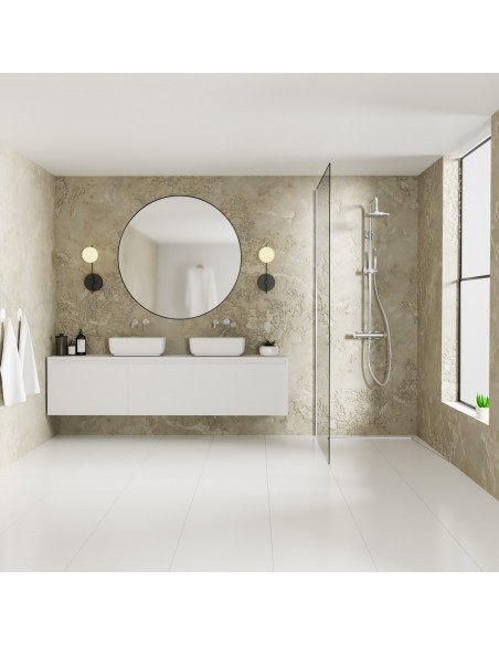 Application example of bright, friendly design with beige wall decor and glass wall to separate the room from the shower