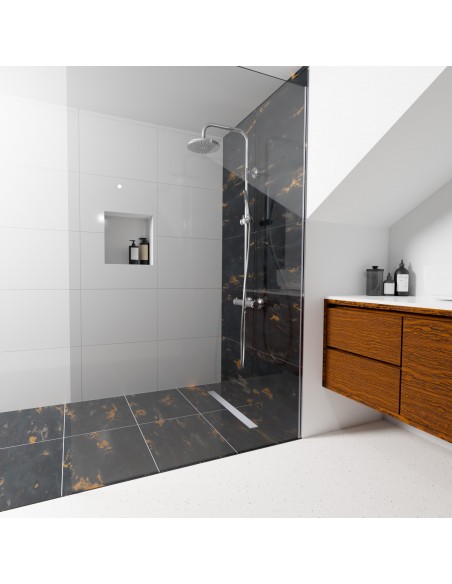 Application example of an unique bathroom concept with white walls combined with black floor & bronze-colored accents