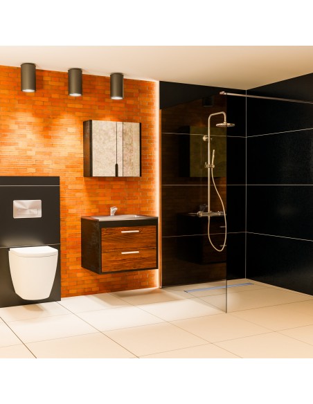 Application example of an industrial-look bathroom concept with red bricks and open shower area with black wall tiles