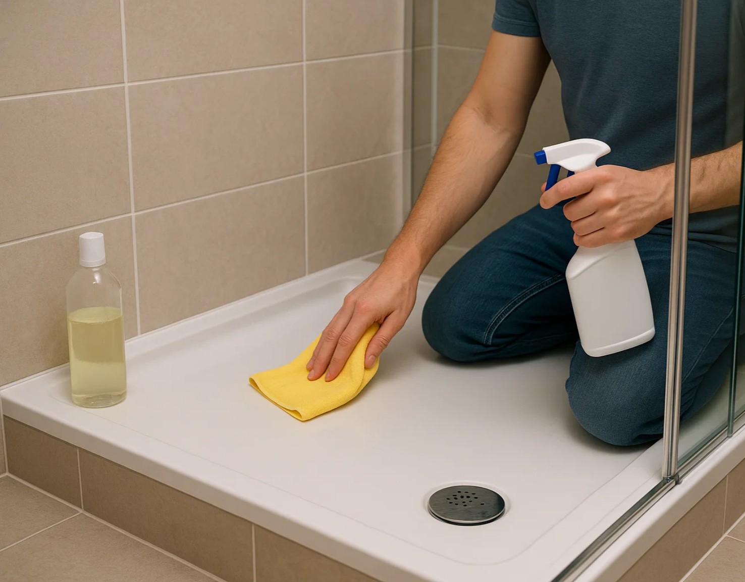 Maintaining a wet room shower tray by wiping it down with gentle cleanser and soft cloth