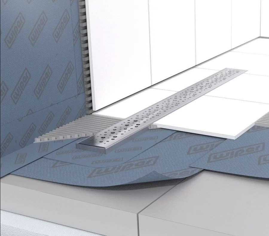 Cross-section view of a shower drain installation with waterproofing membrane and tiles