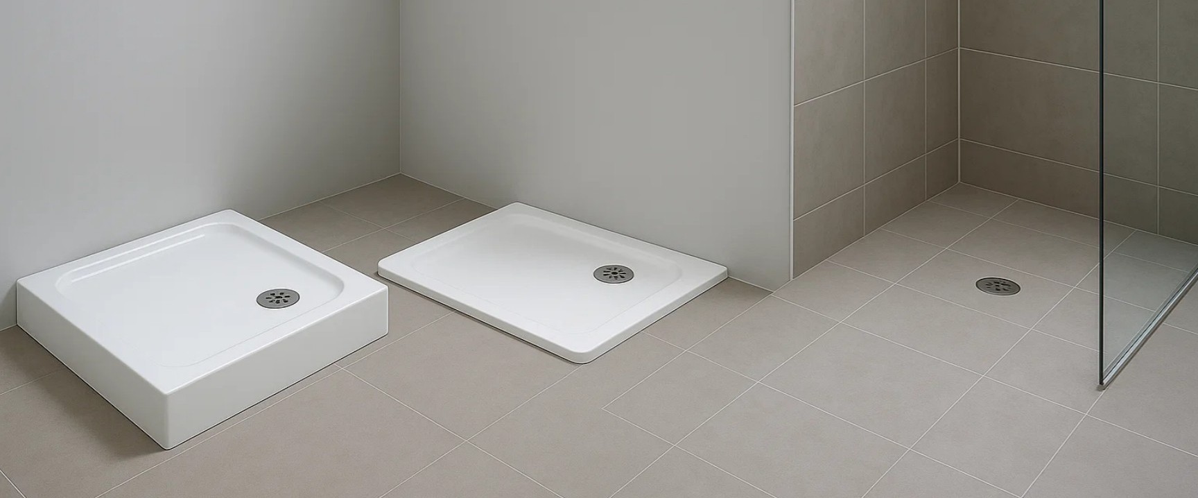Raised tray, low-profile tray and wet room shower trays side by side, illustrating shower tray height options