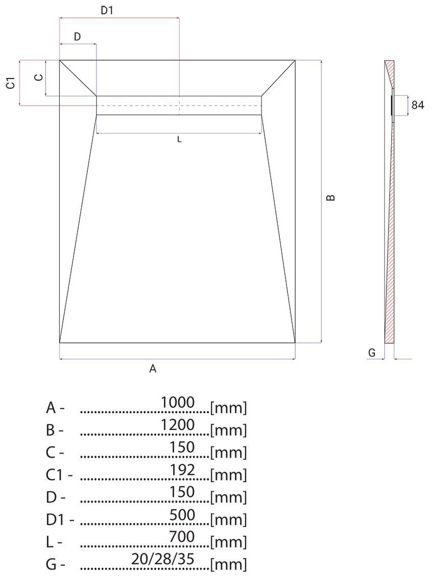 20 Mm Thick Wet Room Kit 1000 X 1200 Technical Drawing