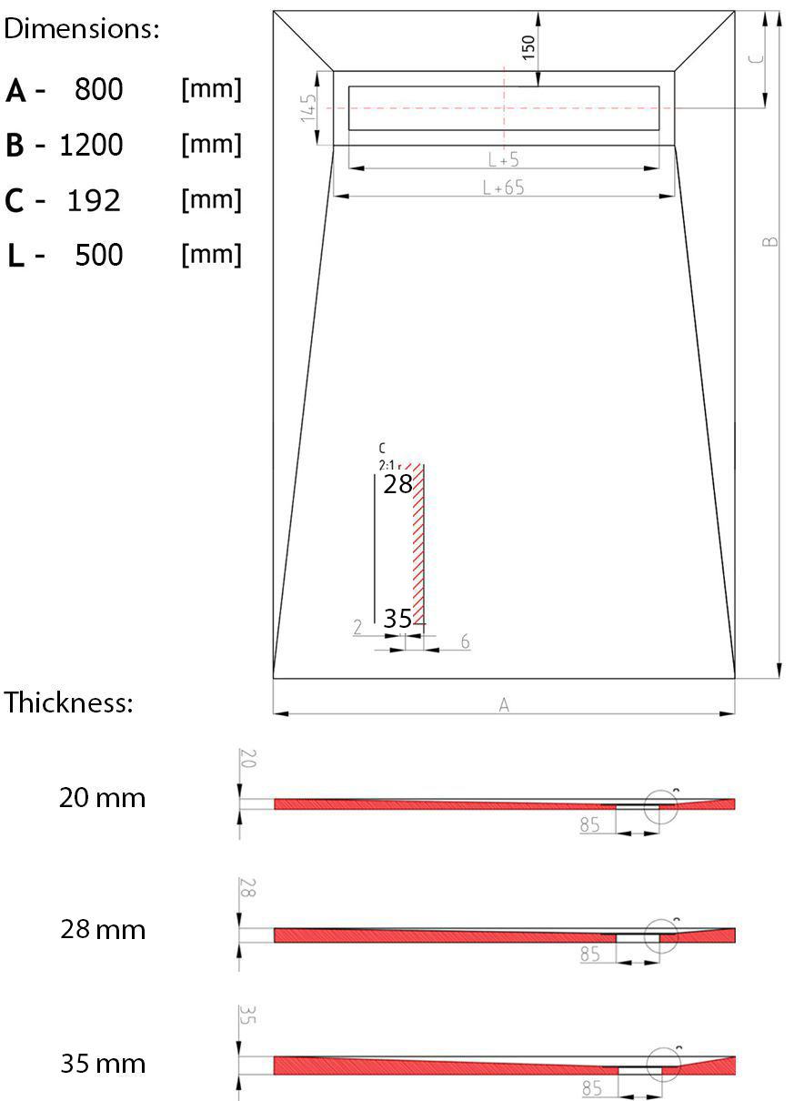 20 mm thick Wet room kit 800 x 1200 technical drawing